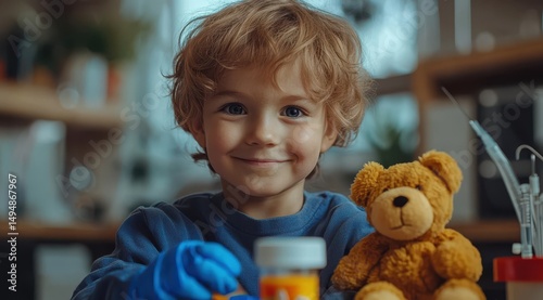 Young child smiles beside teddy bear with medicine and blue gloves