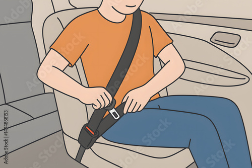 Illustration of person fastening seat belt in car for road safety awareness, driving regulations, passenger protection, transportation security, accident prevention, vehicle safety campaign concept