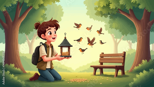 Cartoon boy feeding flying birds in sunny park with bird feeder, representing wildlife care and joyful outdoor activity.