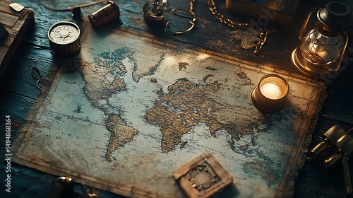 Vintage world map surrounded by antique navigational tools evoking exploration