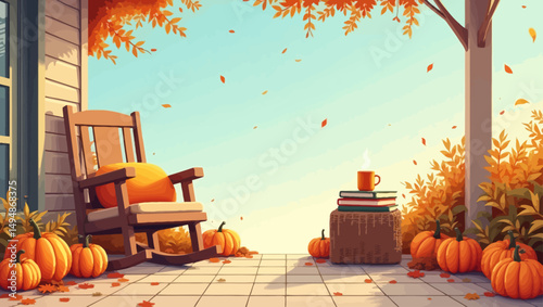 Cozy autumn porch with pumpkins, chair, and falling leaves, representing fall comfort, relaxation, and seasonal vibes.