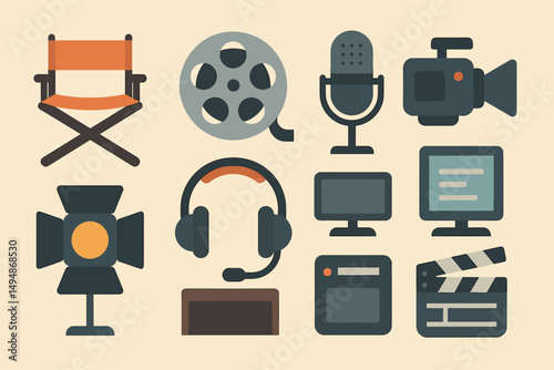 Film and media icons set – flat, filled, cinema and broadcasting graphics