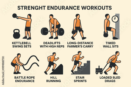 Fitness and exercise silhouette icons set – workout, strength, endurance symbols