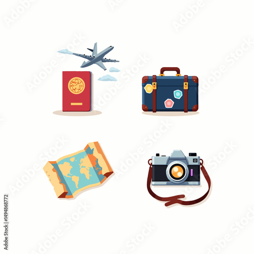  Set of travel essentials including passport, map, suitcase, and camera, symbolizing tourism, vacation, and global exploration.