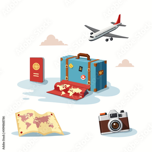 Travel kit with passport, map, suitcase, and airplane, representing tourism, vacation planning, and adventure.