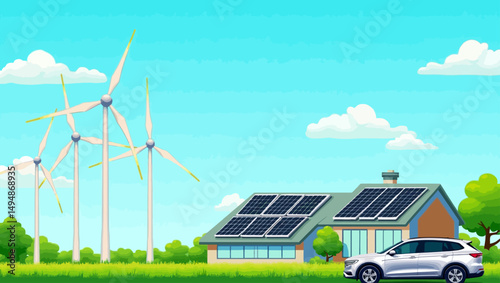 Modern eco home with solar panels, electric car, and wind energy system, illustrating green energy efficiency.