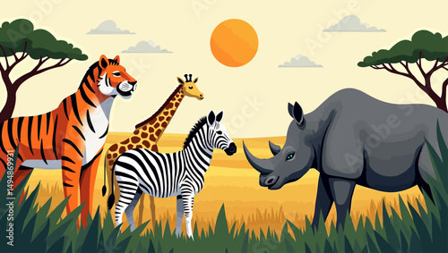 Vector illustration of savannah wildlife including tiger, giraffe, zebra, and rhino in golden grassland under the sun.