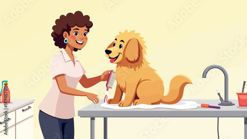Cartoon vector of a female dog groomer washing a golden retriever on a grooming table in a bright pet care room.