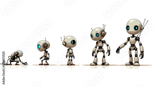 Funny cartoon evolution of small to large robots from crawling baby bot to adult humanoid robot.