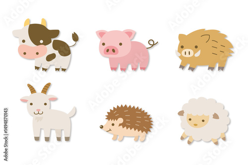 Whimsical Farm & Forest Animal Collection: Cow, Pig, Boar, Goat, Hedgehog, Sheep in Playful Flat Cartoon Style
