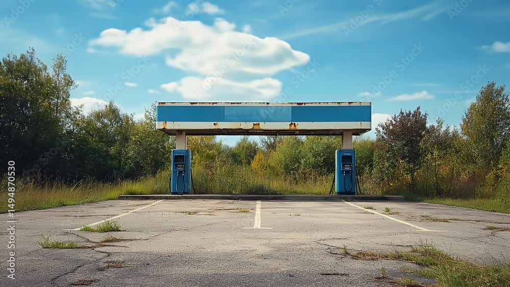 Derelict Gas Station with Blue Pumps and Overhang Structure Under a Bright Blue Sky with Greenery in a Rural Setting on a Sunny Day