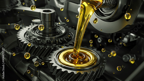 Golden Lubricant Oil Dripping on Mechanical Gears and Cogs