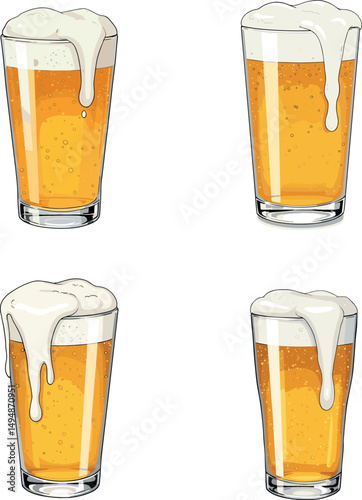Beer glass vector illustration – Frosty pint with foam overflow and bubbles. Alcohol drink