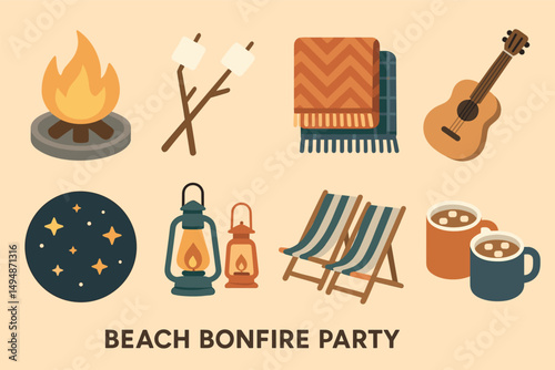 Beach bonfire party icons set – flat, filled, campfire and summer celebration symbols