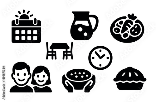 Family dinner filled icons set – meal time, household, and dining symbols