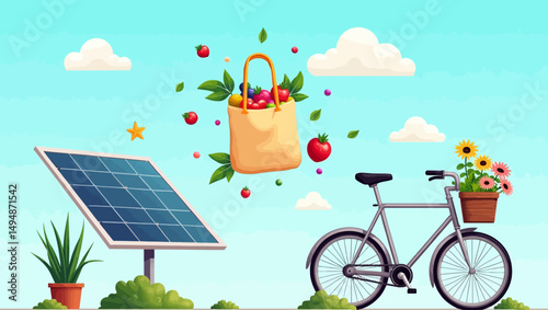 Eco lifestyle concept with solar panel, bike, reusable bag of fruits, and green transportation illustration.