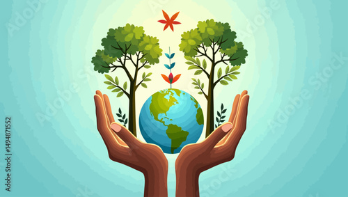 Hands holding planet Earth with trees and flying birds, representing harmony between environment and human care.