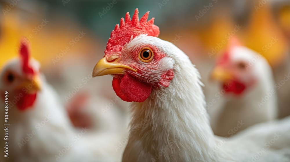 Fototapeta premium Close up of a white chicken with red comb