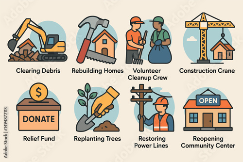 Disaster relief volunteer icons set – flat, filled, reconstruction and aid symbols