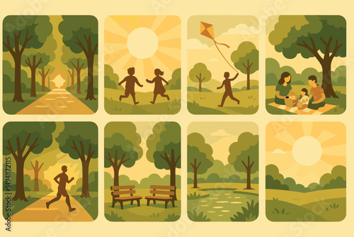 Nature and outdoor flat icons set – silhouette, linear, landscape and park symbols