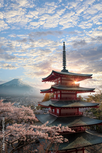 Fujiyoshida, Japan Beautiful view of mountain Fuji and Chureito pagoda at sunset, japan in the spring with cherry blossoms