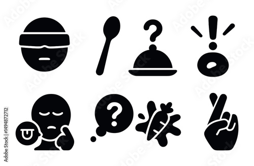 Food and expression silhouette icons set – solid, filled, dining and emotion symbols
