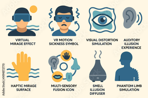Virtual illusion flat icons set – simulation, sensory, and perceptual symbols
