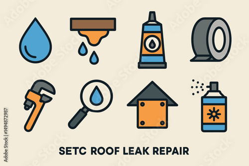 Roof leak repair icons set – flat, filled, home and maintenance symbols