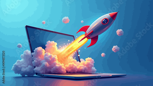 The rocket launching from the computer symbolizes the rise of digital projects and technological breakthrough.