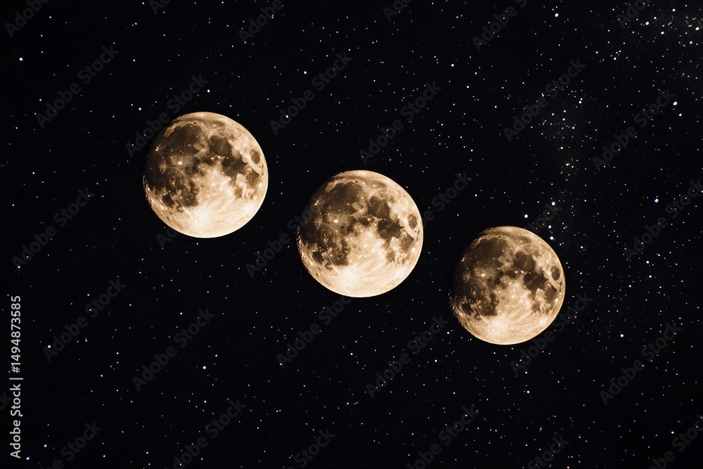 Naklejka premium Three full moons shining brightly in a starry night sky