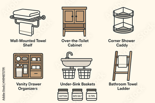 Bathroom organization outline icons set – storage, neat, tidy home essentials