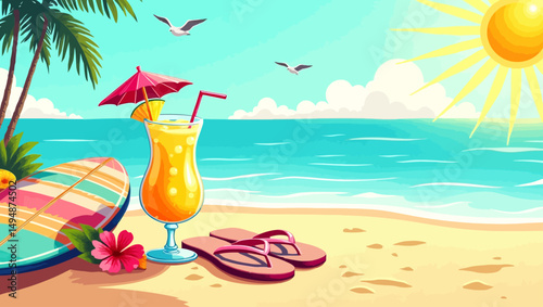 Tropical beach scene with a cocktail, flip-flops, and surfboard under a sunny sky.