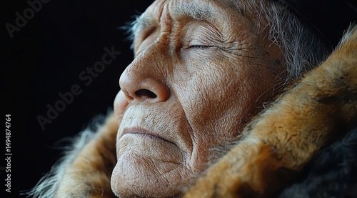 Serene Elderly Indigenous Man in Profile with Detailed Skin Texture and Traditional Fur Clothing