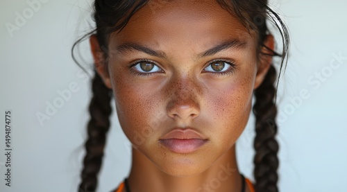 Teenage girl with braided hair looks intensely forward with determined expression on light background.