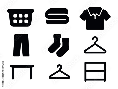 Laundry and clothing silhouette icons set – solid, flat, apparel and washing symbols