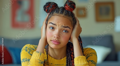 Worried young girl with braided hair in space buns holding her head in frustration indoor