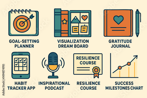 Goal setting planner icons set – outline, linear, motivation and productivity graphics