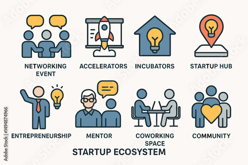 Startup ecosystem icons set - flat, silhouette, business growth and innovation symbols
