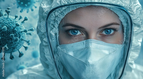 Infectious disease specialist wearing protective gear surrounded by virus models in sterile environment