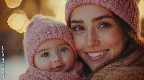 Affectionate mother cradling infant daughter with matching knit hats, beaming with joy, familial bond, warmth, childhood, gentle, love.