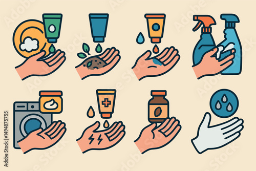 Household cleaning flat icons set – hygiene, sanitation, and maintenance symbols