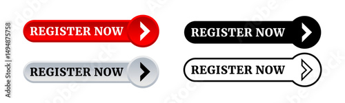 "Register Now" Button Icons – Call-to-Action (CTA) Labels in Red, Black, Silver & Outline Styles