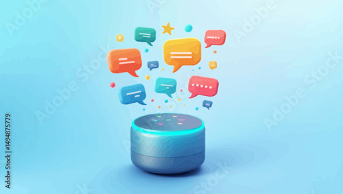 Smart speaker with colorful speech bubbles symbolizing voice assistant and interactive AI features.