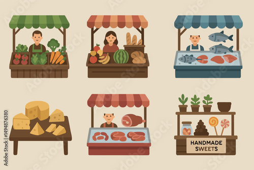 Farmers market flat icons set – outline, filled, fresh produce and artisan goods