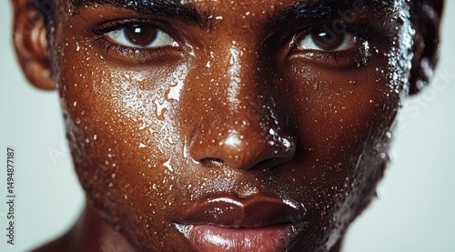 Intense Close-Up of a Sweaty Young Man's Face, Showcasing Determination, Physical Exertion, and Radiant Skin Tone
