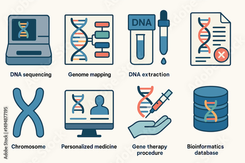 Genomics and dna flat icons set – linear, solid, biotech and gene research tools