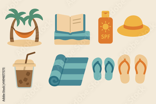 Summer relaxation essentials with beach and sun protection icons