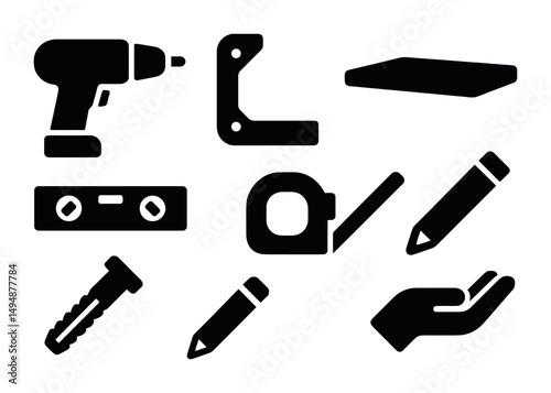 Diy and construction solid icons set – tools, equipment, and home improvement symbols