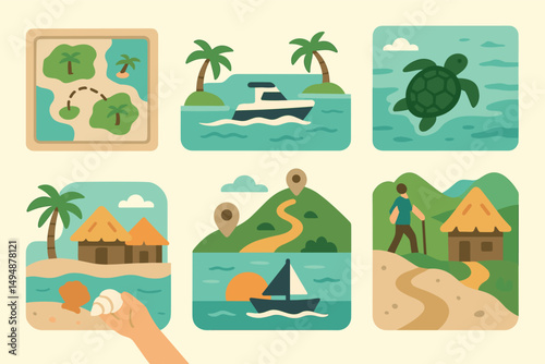 Beach and ocean icons set – flat, filled, summer and vacation symbols