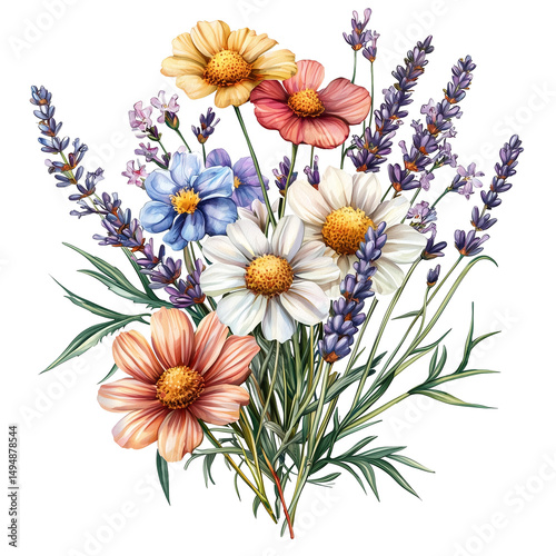 Beautiful floral arrangement with daisies and lavender for decoration use isolated on  transparent  background 